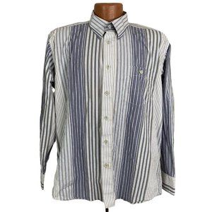 Cotton Reel Shirt Mens Large Button Front Thin Stripped Blue Brown White